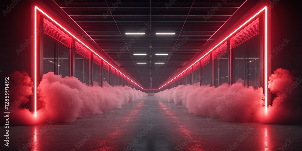 Poster mysterious corridor illuminated by red lights with smoke creating an atmospheric effect