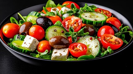 Fresh and colorful vegetables in a black bowl of salad, perfect for healthy eating and nutrition