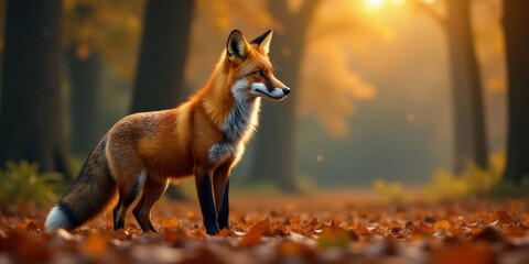 Fototapeta premium A majestic red fox standing amidst a carpet of autumn leaves, bathed in the warm golden light of the setting sun within a tranquil forest