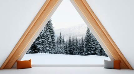 Cozy cabin interior with triangular window showcasing serene snowy forest view