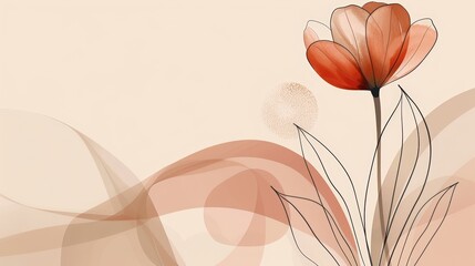 Elegant, orange tulip graphic design, with flowing beige abstract lines on a beige background