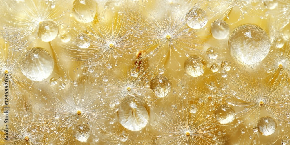 Poster close-up view of delicate dandelion seeds adorned with droplets in soft golden light during a serene