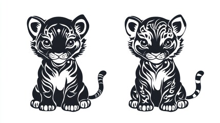 Two stylized tiger cubs, sitting, black and white design, decorative patterns