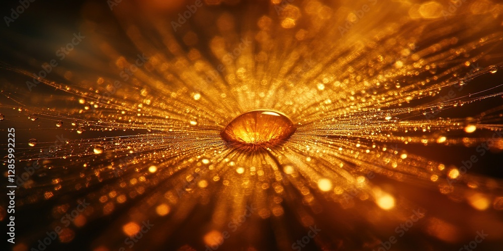 Poster close-up view of a golden droplet on a textured surface with sparkling reflections captured in soft 