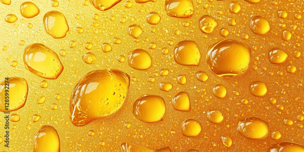 Poster close-up view of droplets on a shiny golden surface with vibrant colors in natural light showcasing 