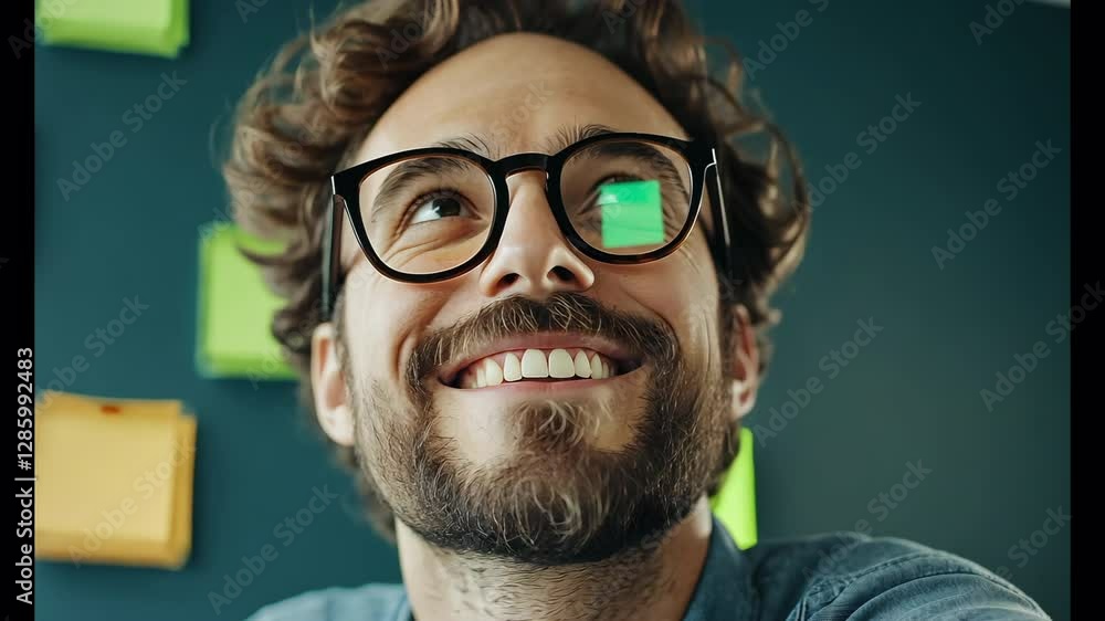 Poster joyful man with curly beard and glasses, smiling in creative workspace filled with colorful sticky n