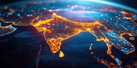 Bright city lights illuminate the landscape of Asia at night from a satellite perspective