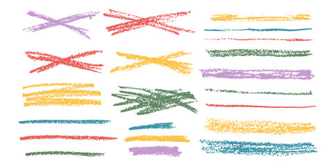 Fototapeta premium Crayon underline set. Pencil scribble lines pack. Vector hand drawn brush stroke collection illustration isolated on white background. Kids highlights handwritten shape elements. Chalk emphasis figure
