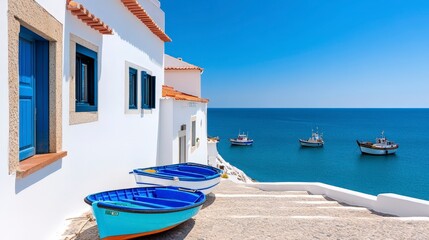 Obraz premium Vibrant Blue Boats Resting by a Tranquil Sea Under a Clear Sunny Sky