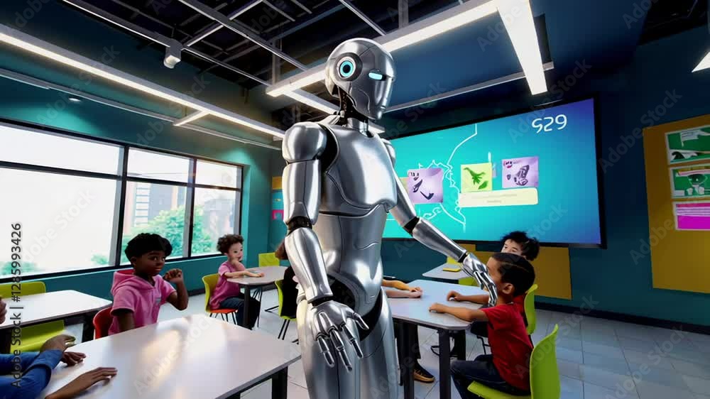 Aufkleber Slow motion sequence showcasing a humanoid robot interacting with a diverse group of elementary school children in a technologically advanced classroom, emphasizing the future of education
