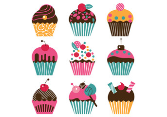 Colorful Cupcake Vector Illustrations Sweet Treats Desserts