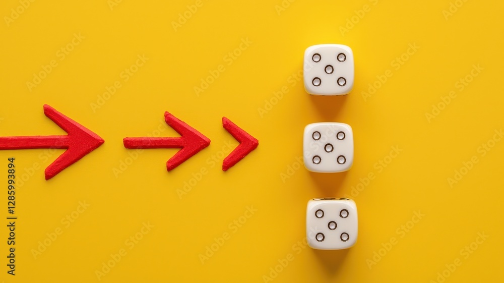 Poster three white dice aligned with red arrows on yellow background illustrating progress strategy or