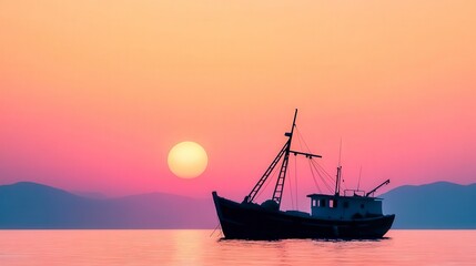 Obraz premium Serene Fishing Boat Silhouette Against Vibrant Sunset Over Calm Water