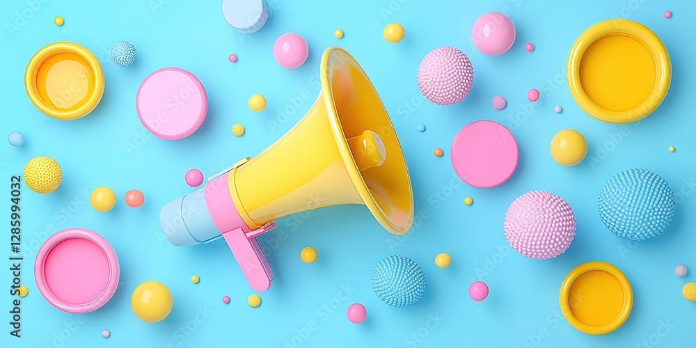 Aufkleber colorful megaphone and playful shapes create a vibrant display on a blue background, adding a cheerf