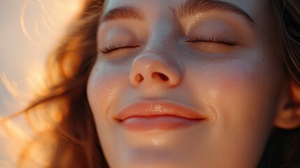 Golden Hour Serenity, A Close-Up Portrait of Peaceful Female Beauty