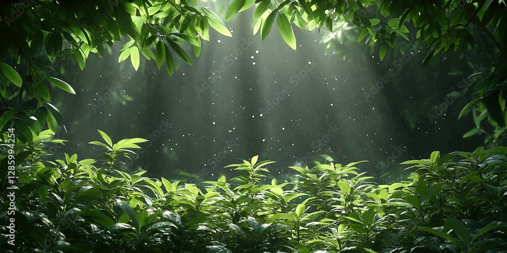 Poster sunlight filters through dense leaves in a tranquil forest, creating a peaceful atmosphere in the gr