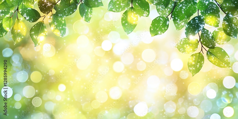 Poster lush green leaves amidst a sparkling bokeh background creating a serene atmosphere in a sunlit fores