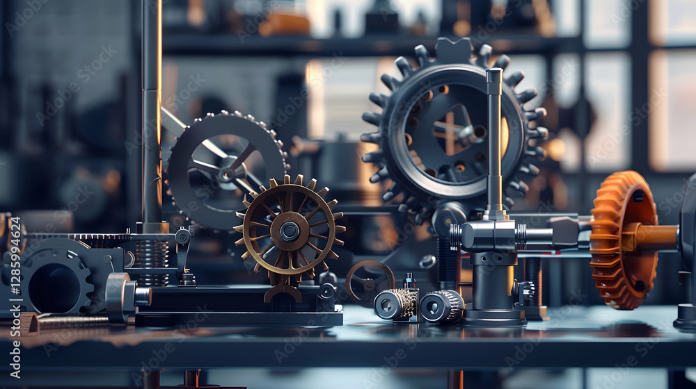 Poster intricate arrangement of mechanical gears and components in a workshop setting with soft lighting