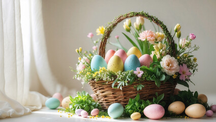 Pastel colored easter eggs nestled in a wicker basket overflowing with spring flowers, creating a festive scene by a sunlit window