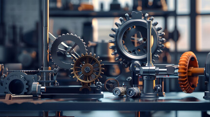 Intricate arrangement of mechanical gears and components in a workshop setting with soft lighting