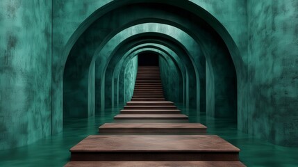 Obraz premium Surreal Green Archway and Stairs Leading to Unknown Destination