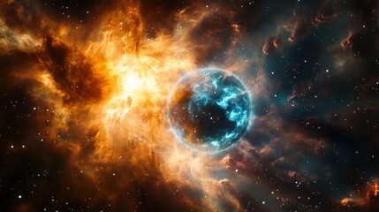 Obraz premium A planetary collision sends a shockwave of iridescent plasma across the stars, forming a nebula