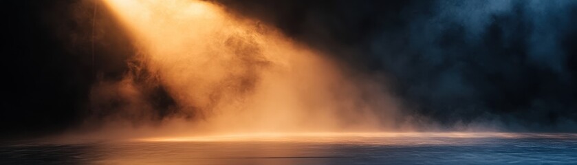 Fototapeta premium Enigmatic rolling fog on stage illuminated by a sweeping spotlight, creating a captivating theatrical atmosphere.