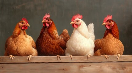 Fototapeta premium Four Colorful Chickens Posing Together on a Wooden Fence in Natural Setting