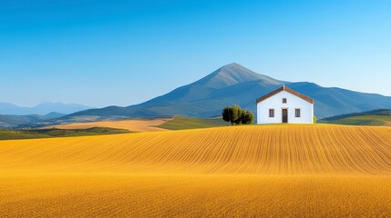 Naklejka premium Serene Landscape with Isolated White House on Golden Wheat Field and Mountain