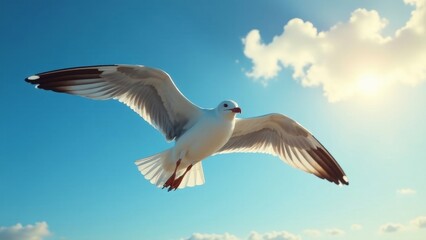 A graceful white seabird soars effortlessly through a vibrant azure sky, its wings outstretched against a backdrop of fluffy white clouds and a radiant sun.