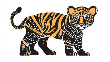 Fototapeta premium Cute tiger cub illustration, decorative style, isolated on white background, for children's book or print design