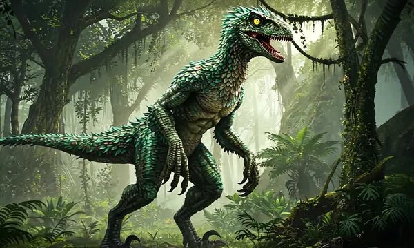 Realistic Velociraptor in a Lush Prehistoric Jungle