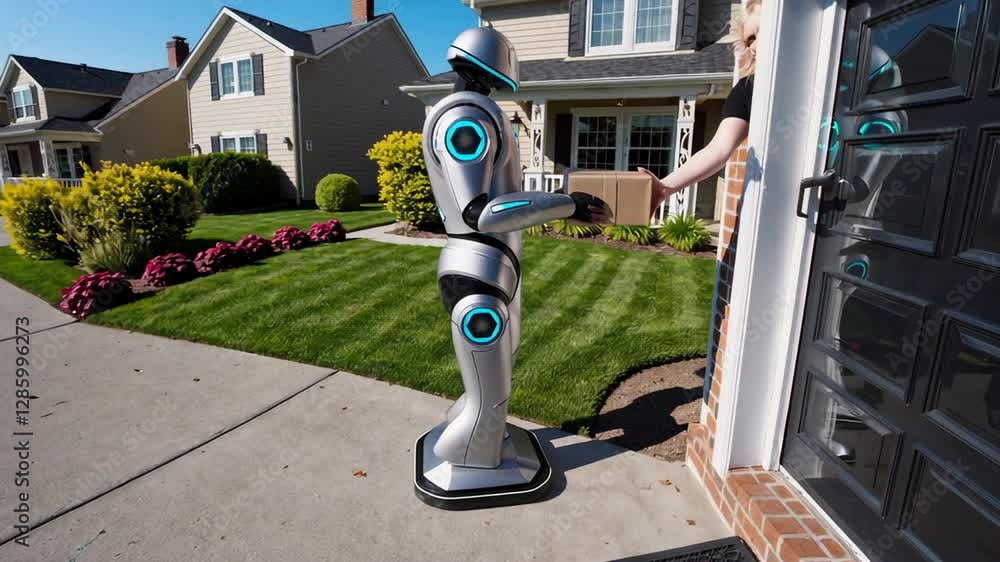 Poster Autonomous delivery robot navigating residential street, transporting package with precision and carefully approaching customer doorstep during advanced logistics demonstration