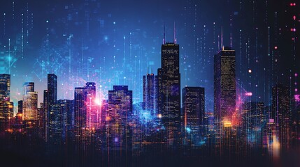 Obraz premium Digital Metropolis: Futuristic Cityscape with Data Streams and Connections
