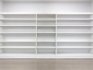 Empty white shelves isolated on white background with copy space