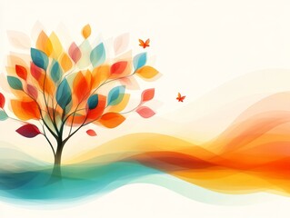 Vibrant multicolored tree with swirling abstract background in artistic fantasy digital painting symbolizing imagination creativity and dynamic energy in modern illustration