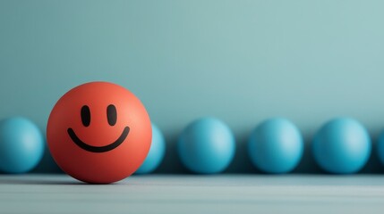 Smiling Orange Ball with Black Eyes in Front of Blue Balls on Teal Background