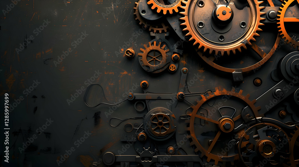 Poster intricate arrangement of rusty gears and cogs on a dark background, showcasing mechanical artistry