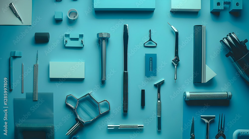 Poster aerial view of various blue-toned tools and materials arranged neatly on a flat surface