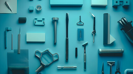 Obraz premium Aerial view of various blue-toned tools and materials arranged neatly on a flat surface