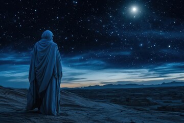 serene nighttime desert scene with elderly prophet gazing at brilliant starfield warm moonlight illuminating flowing robes and weathered face