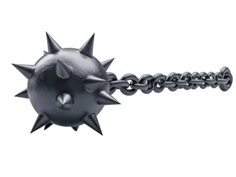 A detailed view of a spiked mace weapon, showcasing its intricate design and strong metallic structure, perfect for fantasy themes.