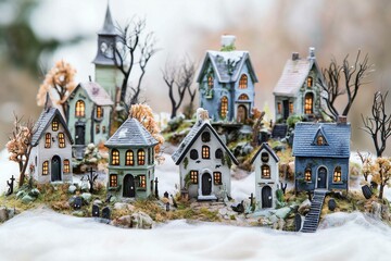 Fototapeta premium Spooky miniature haunted village set for Halloween decorations, isolated