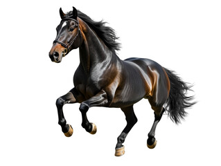 Obraz premium A majestic black horse galloping energetically across an open field, showcasing strength and grace in its powerful movement.