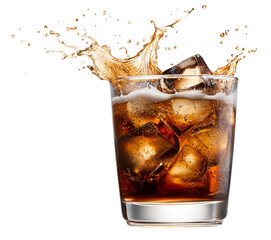 A refreshing glass of cola with ice cubes, showcasing a splash and vibrant bubbles for a lively beverage experience.