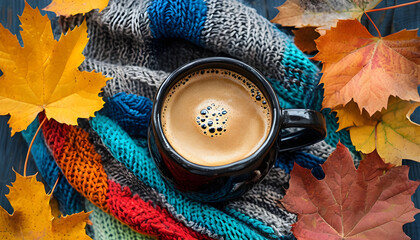 Cozy Still Life With Coffee Mug And Colorful Scarf