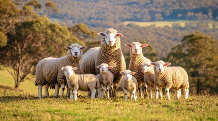 Fototapeta premium Flock of sheep grazing on a sunny hillside with lush greenery in the background.