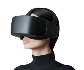 Woman wearing black virtual reality headset with sleek design covering her eyes. The headset suggests immersive digital experiences and futuristic technology. Isolated on transparent background, png.
