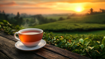 Cup of hot tea and tea leaf at tea plantations background