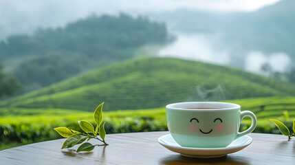 Cup of hot tea and tea leaf at tea plantations background
